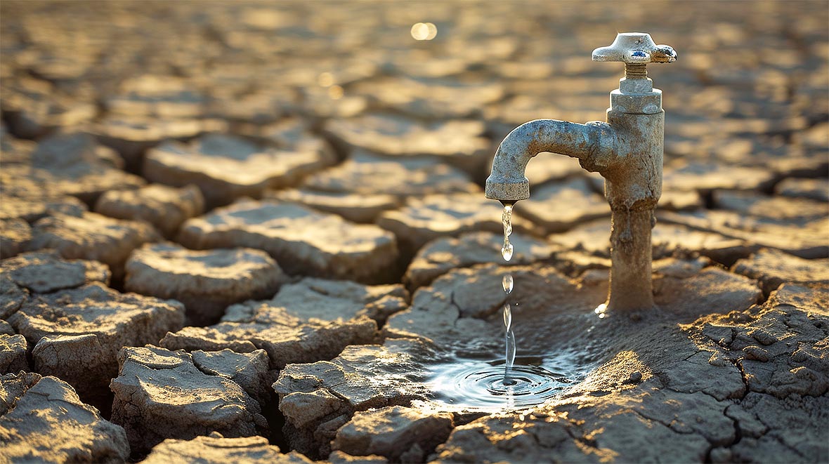 A dry, cracked ground with a faucet and a single drop of water falling, symbolizing water scarcity